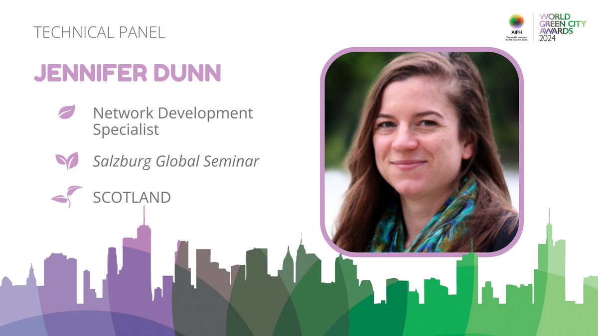 AIPHGreenCity's tweet photo. 🟢Meet the #TechnicalPanel for the @AIPHGlobal #WorldGreenCityAwards 2024🟢
Jennifer Dunn, network development specialist at @SalzburgGlobal, aims to build connections in support of positive environments for the wellbeing of people & planet🌍
Read More: https://t.co/BzRC0o7roR https://t.co/wpWw3XqqEh