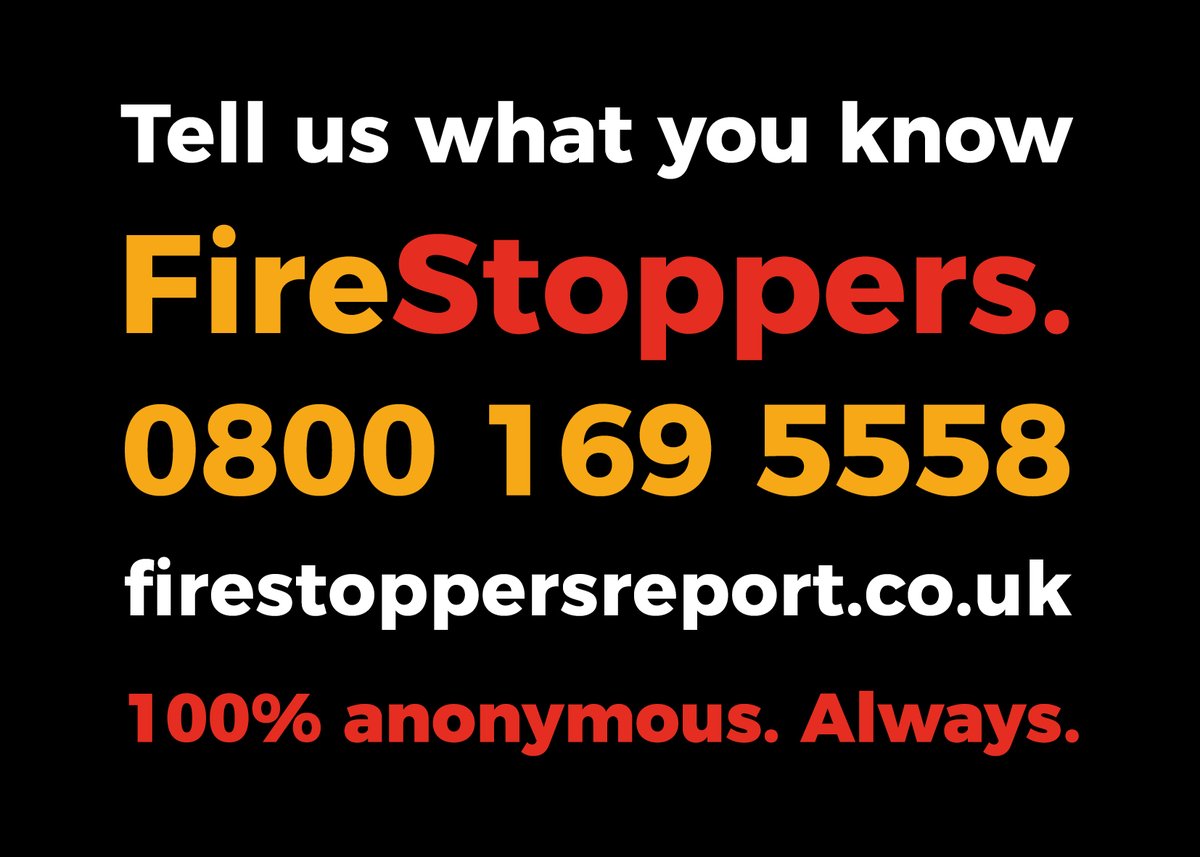 We take arson very seriously and we're asking Northamptonshire residents to report deliberate fire setting to FireStoppers. You can file an anonymous report via the FireStoppers website, firestoppersreport.co.uk or call 0800 169 5558