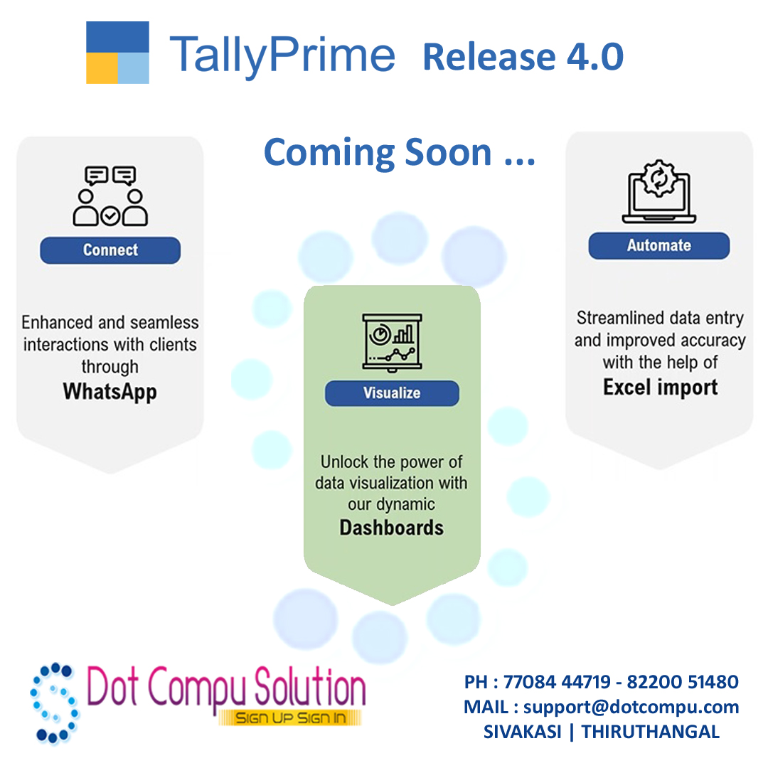 DotCompu's tweet image. Tally Prime Release 4.0 coming soon with WhatsApp integration, New Dashboard and Excel import. 
Call us: 77084 44719 - 82200 51480 

#tally #dotcompu #tallyprime