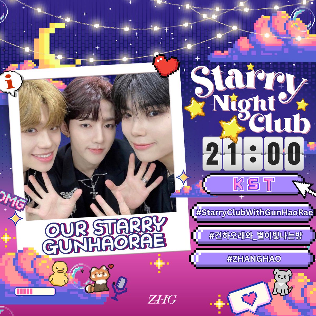 [HASHTAG PARTY]

Starry Night Club with GunHaoRae will start soon! 🌠💫 Are u guys excited?😆

Let’s send the boys our support through the tags below ⬇️ 

OUR STARRY GUNHAORAE 
#StarryClubWithGunHaoRae
#건하오래와_별이빛나는방
#ZHANGHAO