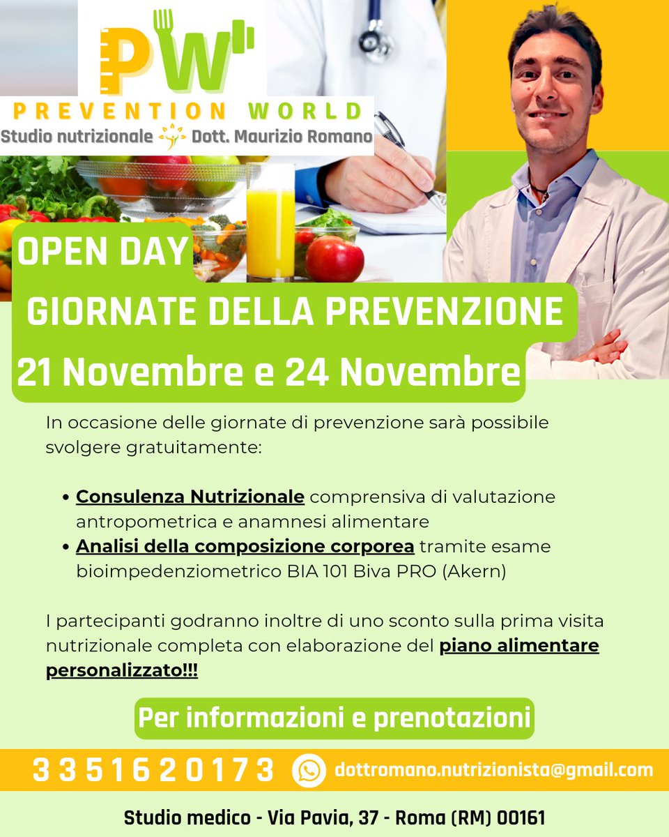 #𝐎𝐏𝐄𝐍𝐃𝐀𝐘S - 𝐆𝐈𝐎𝐑𝐍𝐀𝐓𝐄 𝐃𝐄𝐋𝐋𝐀 𝐏𝐑𝐄𝐕𝐄𝐍𝐙𝐈𝐎𝐍𝐄

🗓️ 21 NOVEMBRE 
🗓️24 NOVEMBRE
Ti invito a contattarmi per qualsiasi informazione o per prenotare il tuo #appuntamento.
👇👇👇👇👇👇

📞 335 162 0173 
📩 dottromano.nutrizionista@gmail.com
Ti aspetto nel #PW