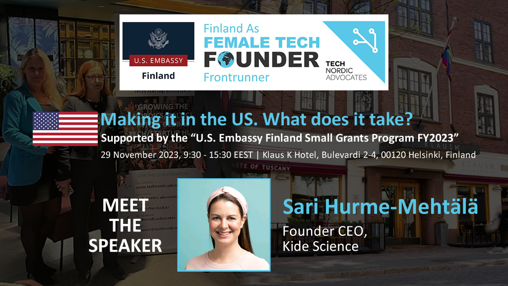 🇺🇸 🇫🇮 We are truly THRILLED to announce our next speaker!

Introducing the next speaker of our "Making it in the U.S: What does it Take?" event on November 29th, the fantastic Sari Hurme-Mehtälä 👩🏽‍🔬 🙌🏽

#NordicMade #TNA