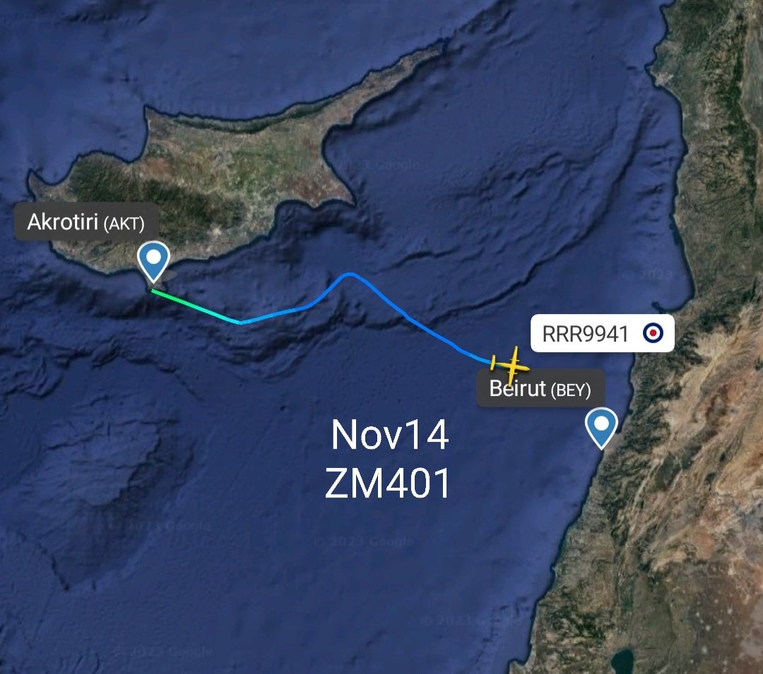 LebanonJets's tweet photo. Military: UK Royal Air Force #A400 #ZM401 with hex code #43C5DB arrived into presumably #Beirut (or was it also #Hamat AirBase?) from #Akrotiri This same aircraft went to an Israeli AirBase a few days ago on Nov10, now in #Lebanon @Intel_Sky https://t.co/6lgc6kNhvo