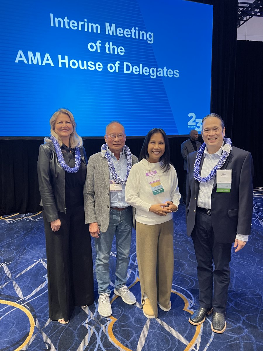 The #Hawaii delegation has been catching up with all things #OurAMA at the Interim #AMAmtg. Delegates Drs. Angela Pratt and Jerry Van Meter, HMA President Dr. @ElizabethAnnIg1, and ED Marc Alexander  #FixMedicareNow