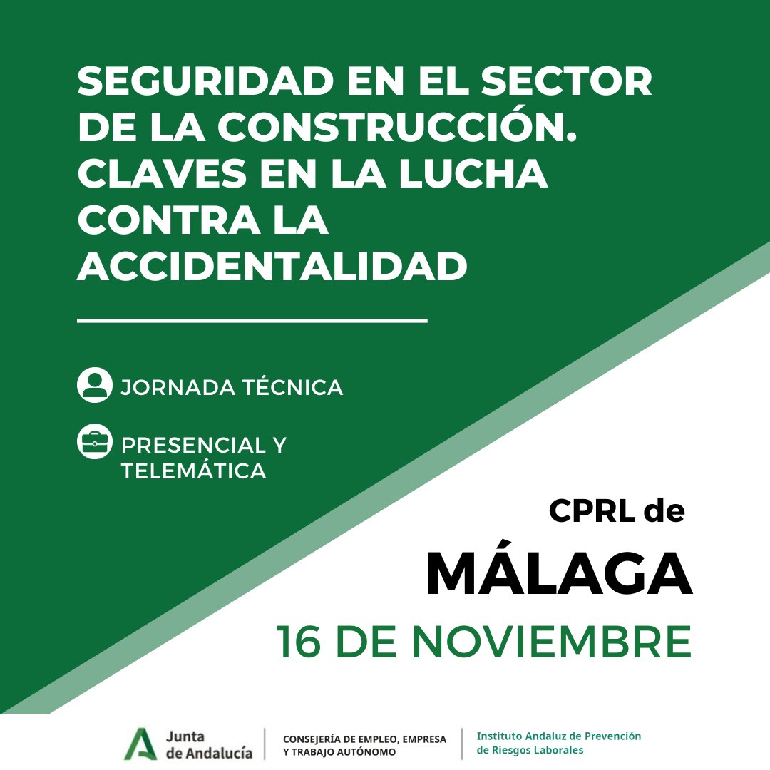 IAPRL's tweet photo. 🔈Jornada técnica: "Seguridad en el sector de la construcción. Claves en la lucha contra la siniestralidad"

💻🤝Modalidad presencial y telemática

📍En el CPRL de Málaga https://t.co/3qVv8INyUL