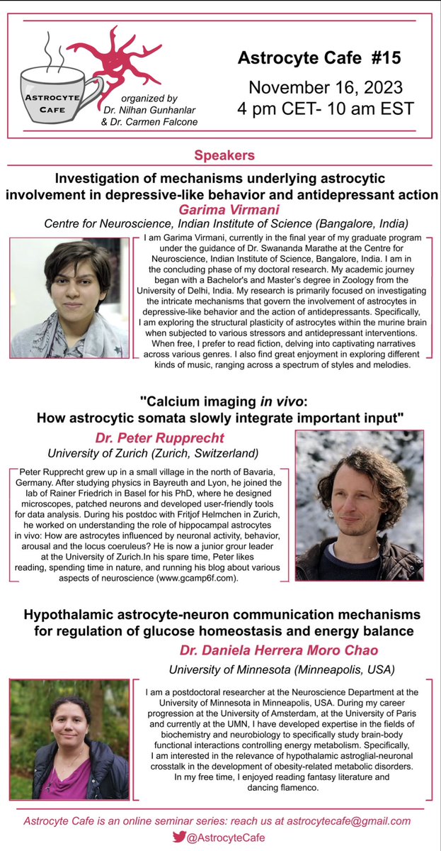 AstrocyteCafe's tweet image. Join us this Thursday for the next #AstrocyteCafe!

We are hosting three awesome talks by @GarimaVirmani4, @ptrrupprecht and @klctnn 🤩🔥

Subscribe to our mailing list if you haven’t already 🙃