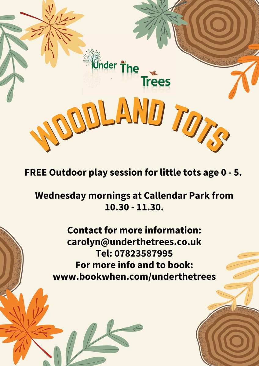 👋New FREE play session for little tots starting on Wednesday 22nd November at Callendar Park🌳

Sessions are for ages 0 - 5.

We also have other free play sessions available to book.
Check out bookwhen.co.uk/underthetrees for more info and booking.