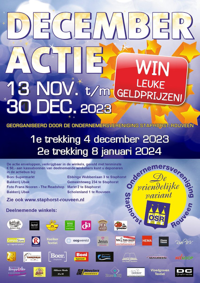 De december actie is weer van start. Vul de actie enveloppen met tenminste € 50.00 aan kassa bonnen van de deelnemende winkeliers en win leuke geldprijzen #Decemberactie #OndernemersverenigingStaphorstRouveen #OSR