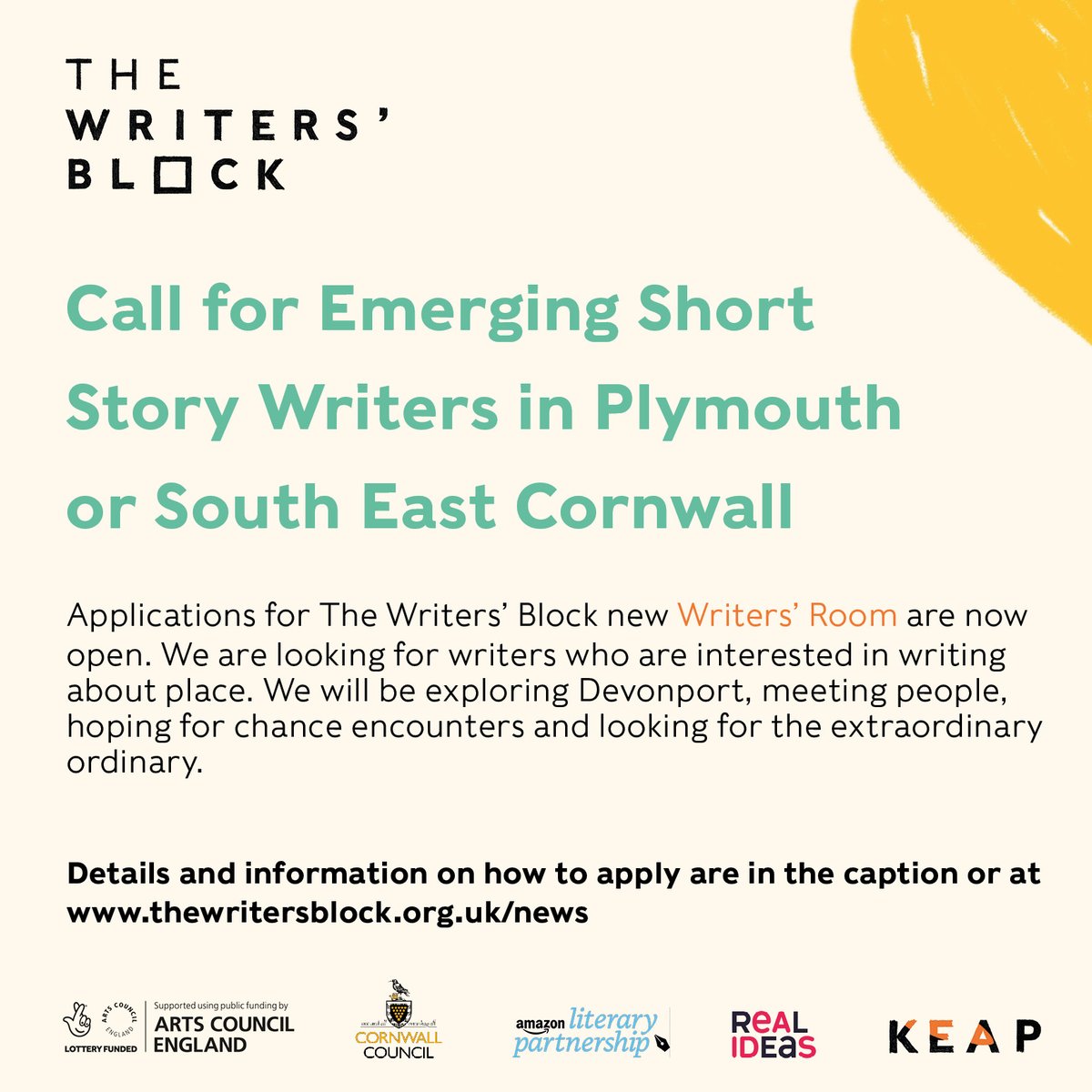 Call out for Emerging Short Story Writers in Plymouth or SE Cornwall. Find everything you need to know here: thewritersblock.org.uk/news 
#creativewriting #shortstories #cornishwriters #devonwriters