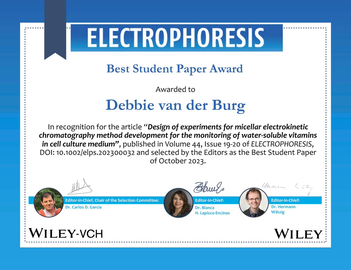 Congratulations to Debbie van der Burg, for the article “Design of experiments for micellar electrokinetic chromatography method development for the monitoring of water-soluble vitamins in cell culture medium”, Best Student Paper of October 2023 - doi.org/10.1002/elps.2…