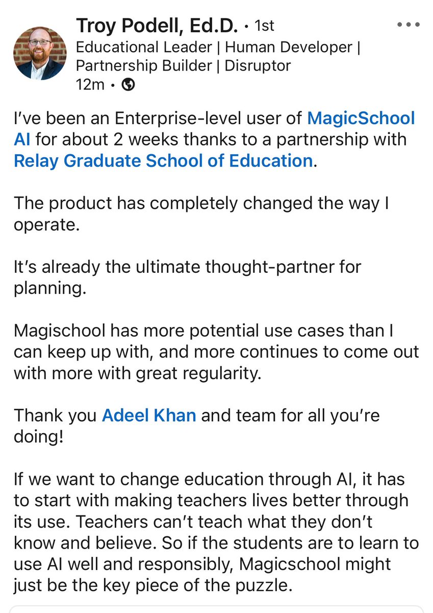 Thanks, Troy Podell, Ed.D., for capturing this so well.  If we want to prepare our students for the age of AI, we can start by helping educators learn to use it productively now.  <a href="/magicschoolai/">MagicSchool AI 💜 🪄✨</a>