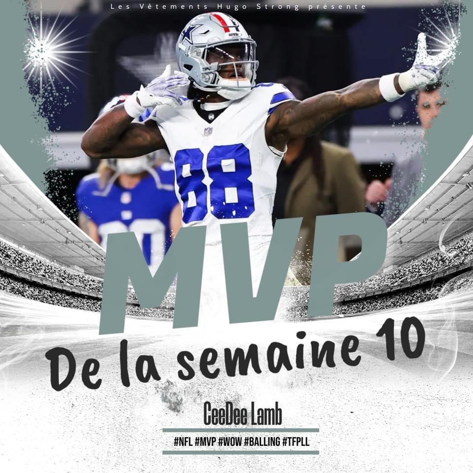 MysticRick3's tweet photo. 𝐌𝐕𝐏 𝐃𝐄 𝐋𝐀 𝐒𝐄𝐌𝐀𝐈𝐍𝐄

CeeDee Lamb des #DallasCowboys .

➖ 11 réceptions pour 151 verges et 1 touché.

➖ 1 course pour 14 verges et 1 touché.

➖ Il a établi un record de la #NFL avec 3 matchs consécutifs avec au moins 10 attrapés et au moins 150 verges.

#NFLTwitter https://t.co/pD1OHB4GDz