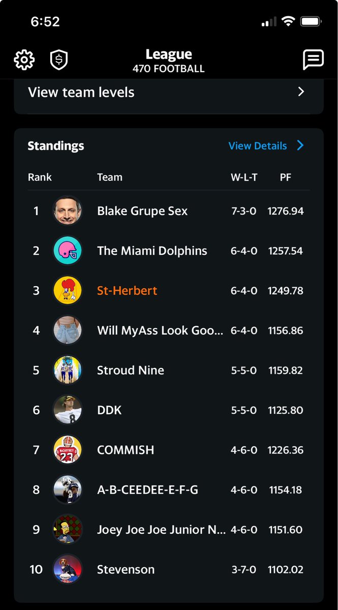Standings after week 10