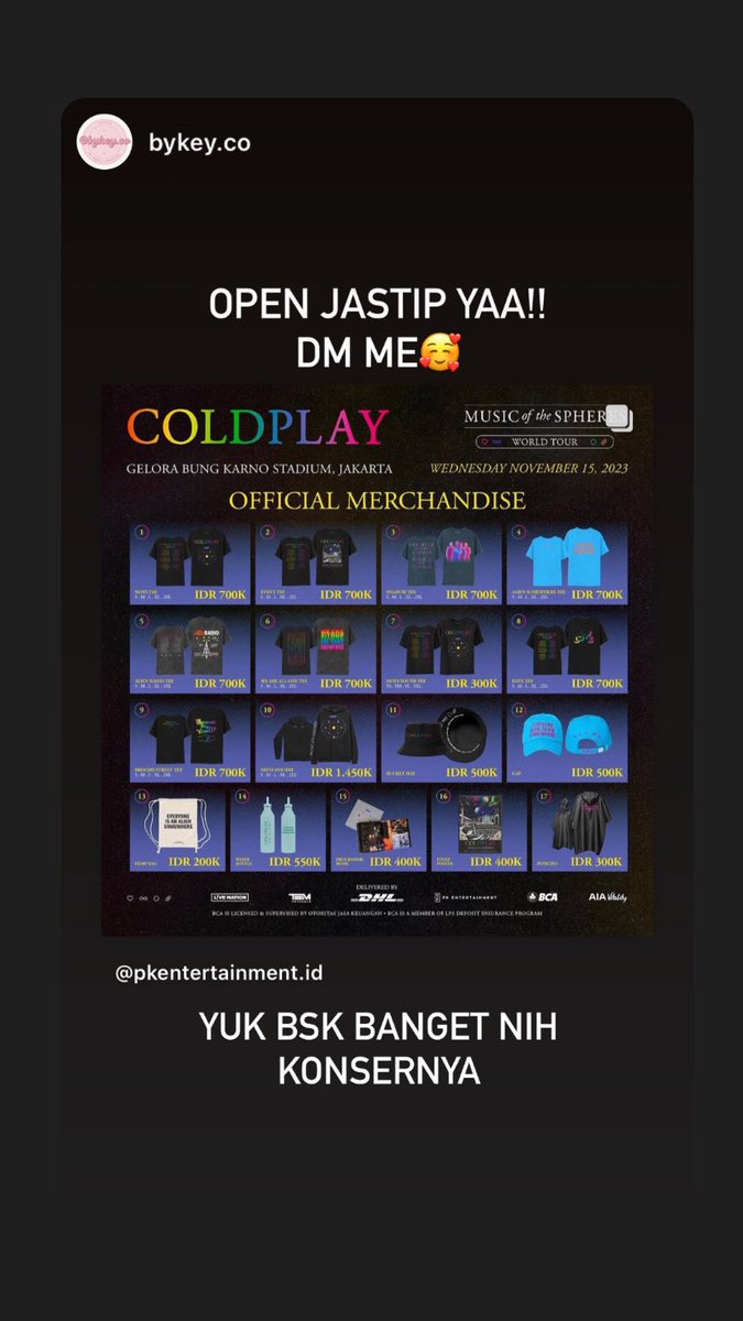 Guysss, temen ku open jastip official merchandise Coldplay besok😍😍 Yuuk yang mau jastip bisa langsung ke instagram @ bykey.co 🫶🏻🫶🏻 
✅ Trusted, No Scam 😉
#COLDPLAYinJKT #ColdplayJakarta