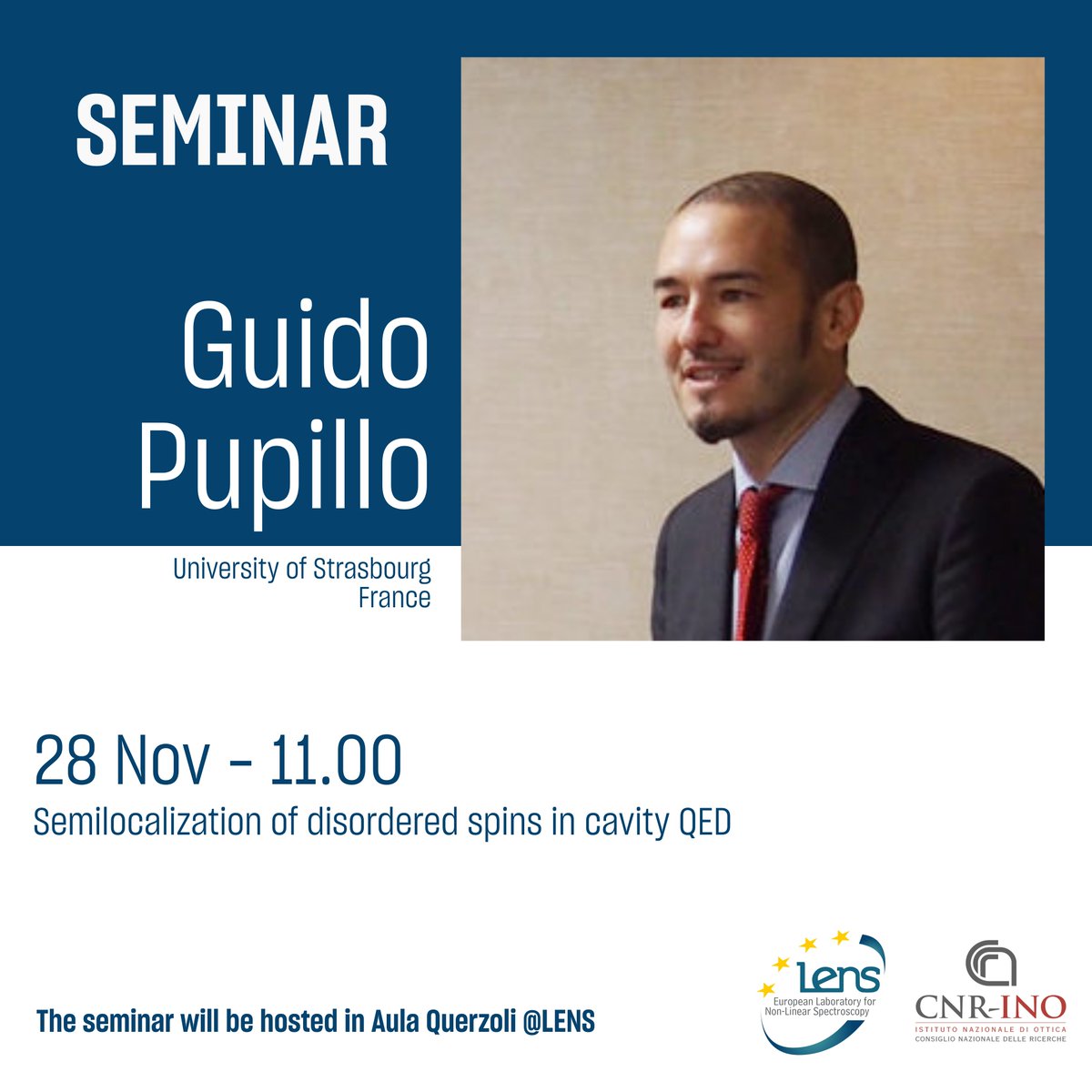 We're very happy to welcome Prof. Guido Pupillo from <a href="/unistra/">-</a> who will talk about #localization and #disorder in cavity QED systems.

We can't wait to have you Guido😊