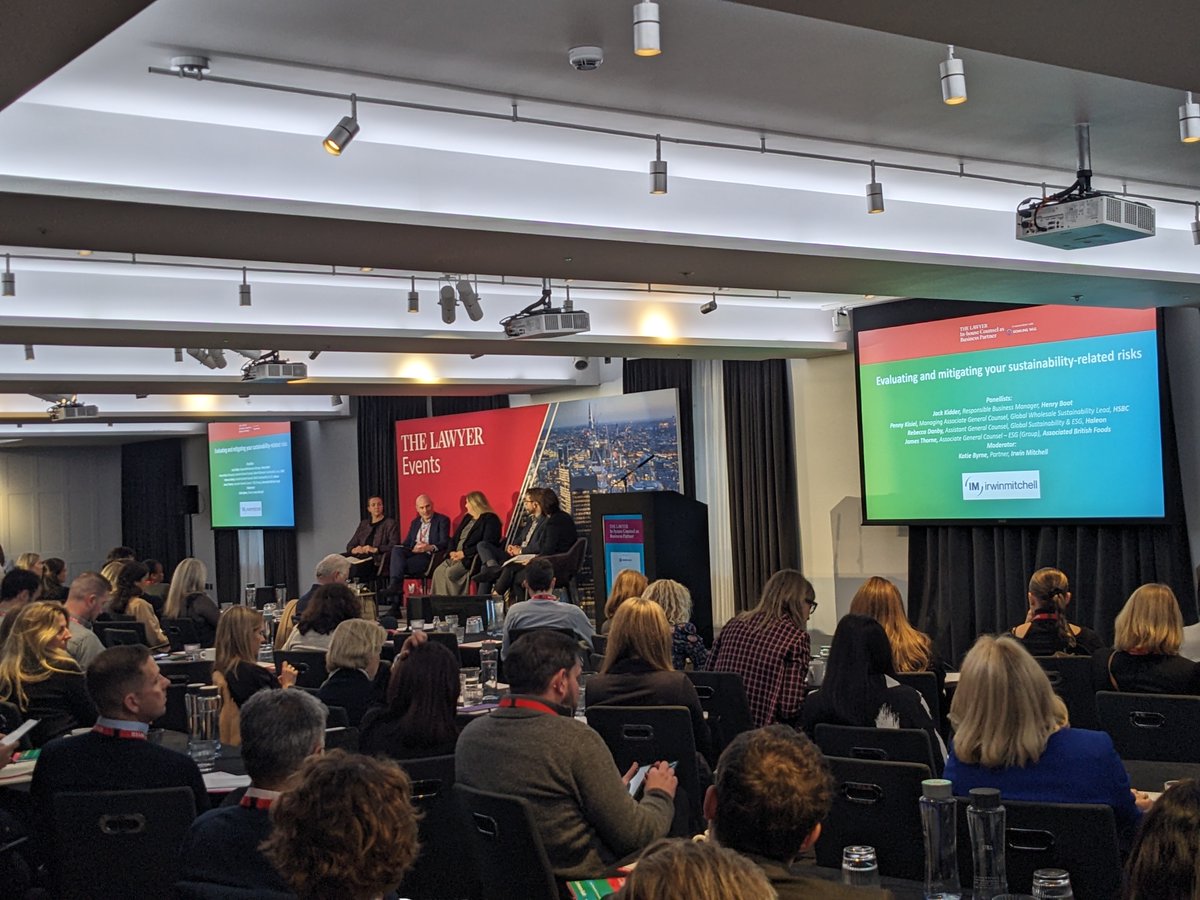 Our next session is 'Evaluating and mitigating your sustainability-related risks' with Katie Byrne of <a href="/irwinmitchell/">Irwin Mitchell</a>, Jack Kidder of Henry Boot PLC, Rebecca Danby of <a href="/Haleon_health/">Haleon</a>, Penny Kisiel of <a href="/HSBC/">HSBC</a> and James Thorne of Associated British Foods plc.