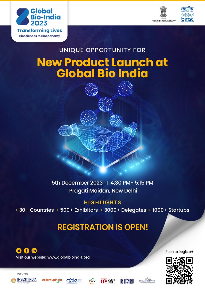 #GlobalBioIndia2023 aims at showcasing and identifying key biotechnological innovations, products, services, technologies from national and international companies, #startups and research institutes.

Hurry up! Entries closing soon. 
For more details : globalbioindia.org