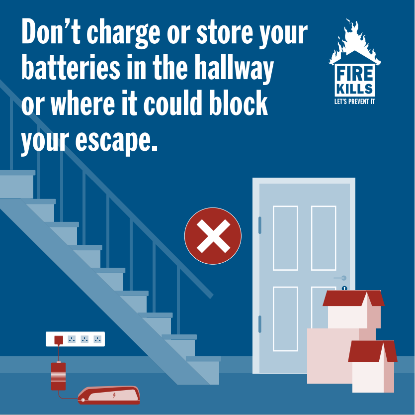 WestSussexFire's tweet photo. If you have an electric bike or scooter, always follow the manufacturer's instructions for charging and using it. Don't charge or store the battery in your hallway or anywhere it could block your means of escape in an emergency. 

#FireKills https://t.co/HLCjPKLgA1