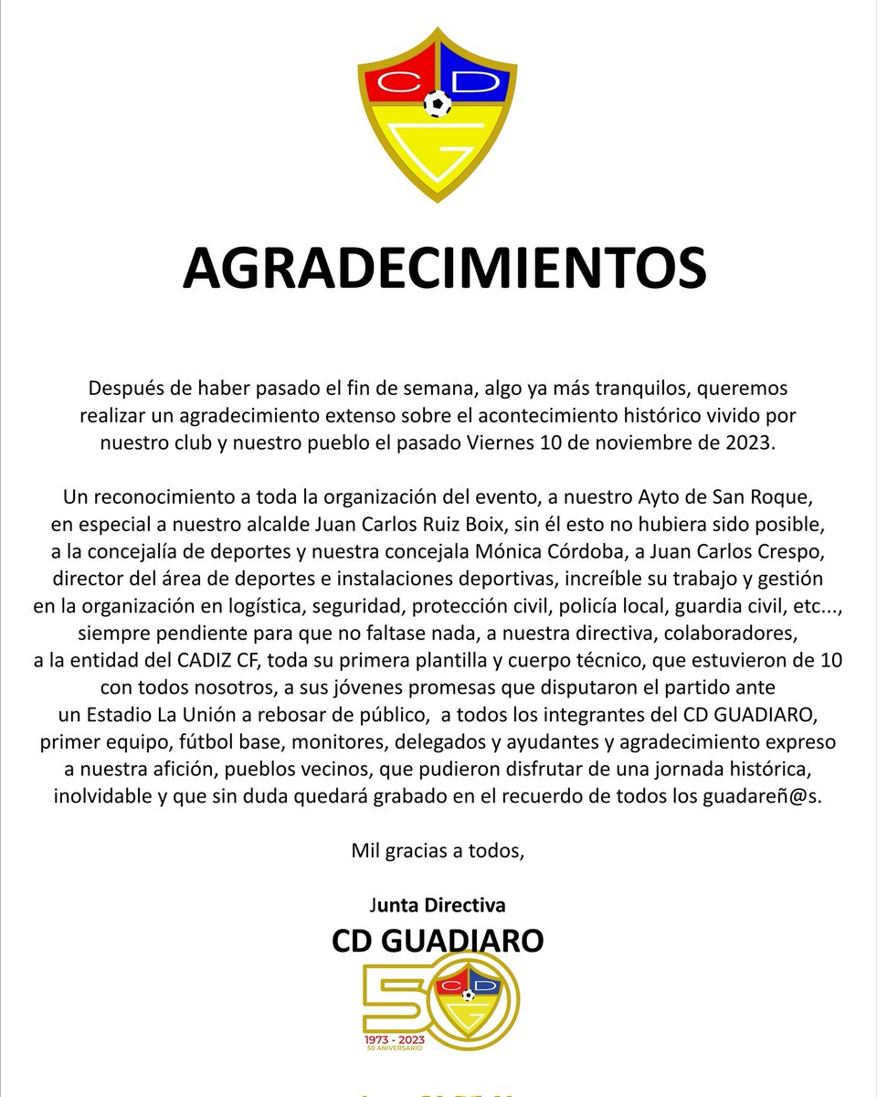 ❤️💙 𝗔𝗚𝗥𝗔𝗗𝗘𝗖𝗜𝗠𝗜𝗘𝗡𝗧𝗢

✅ Desde el Club Deportivo Guadiaro mandamos nuestro reconocimiento a toda la organización del evento celebrado el pasado viernes en nuestras instalaciones del Campo La Unión 💯🤝

#LaHistoriaContinua
#50Aniversario
#CDGuadiaro