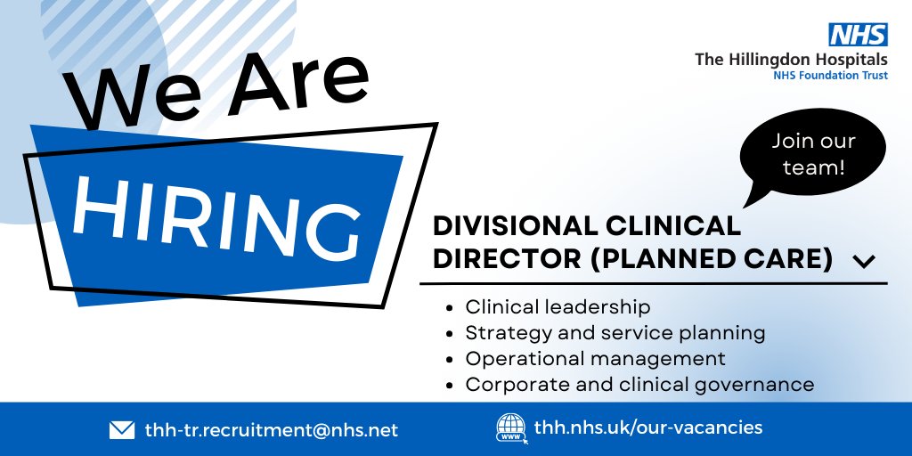 We're recruiting for a Divisional Clinical Director (Planned Care).

We're looking for someone to provide clinical leadership to the division, ensuring all clinical staff are aligned with the Division’s and Trust’s objectives and are working effectively.

ow.ly/SR4550Q7neS