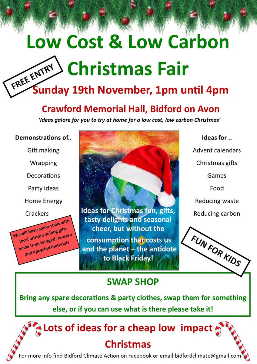 BidfordClimate's tweet photo. Come along to our Christmas Fair on Nov 19th at the Crawford Memorial Hall 1-4pm for a low cost, low carbon Christmas. Ideas galore for gifts, games and decorations. @StraUponAvonSch @AlcesterAcademy @AGSPrincipal @OurTownTrust @HeraldNewspaper @strat_observer https://t.co/Rs2z0d4dV5