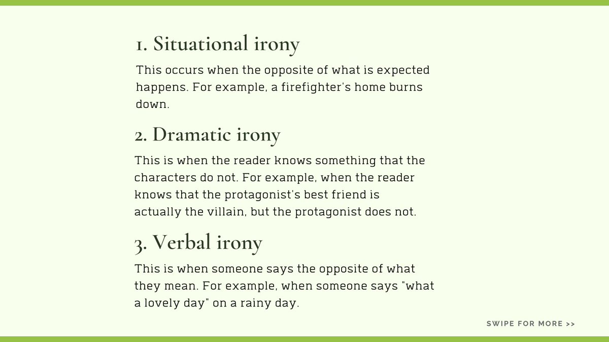 EdioakEdits's tweet image. 🎭✨ Harness the power of irony in your storytelling! Explore situational, dramatic, and verbal irony to add depth and complexity to your narrative.
#WritingTips #WritingCommunity #AuthorLife #WritingInspiration #WritingGoals #BookWriting #WriteNow #amwriting #AuthorsofTwitter