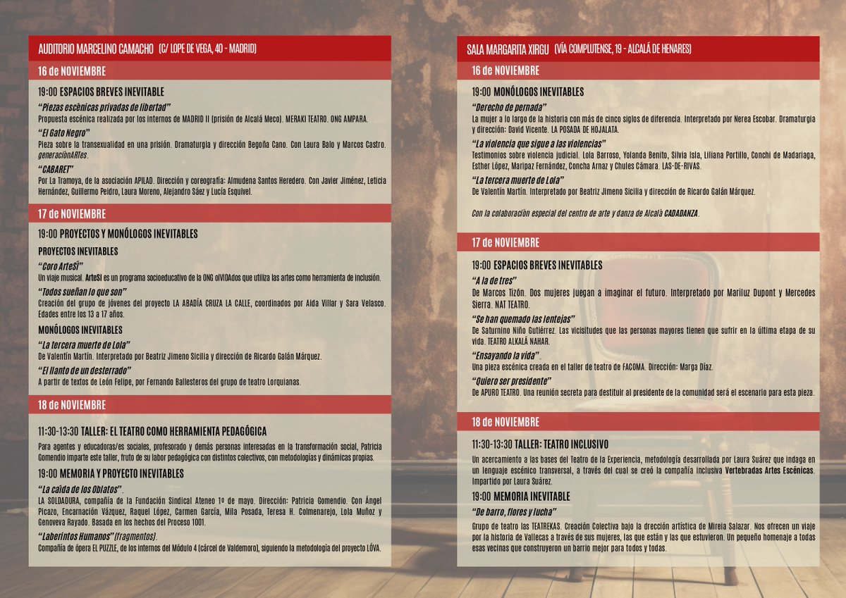 🔜Sí, es esta semana‼️

🫂II Encuentro de Teatro Social y Comunitario🪑

👨‍👩‍👦‍👦ESPACIO INEVITABLE🎭

📆J 16 - S 18 NOV

📌#AuditorioMarcelinoCamacho
(Lope de Vega 40 - Madrid)
📌#SalaMargaritaXirgu
(Vía Complutense 19 - Alcalá de Henares)

Info y reservas: is.gd/vM1vai