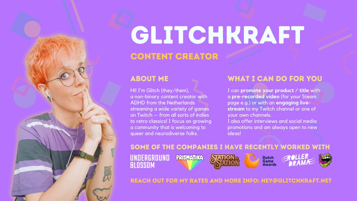 Hi Indie Devs! 👋 Have an upcoming title or update that needs some promotion? I would love to do that for you in the shape of a VOD or live-stream or... maybe you have something else in mind! 🤩 Reach out for more info: hey@glitchkraft.net #indiedev #indiegame Sharing = Caring