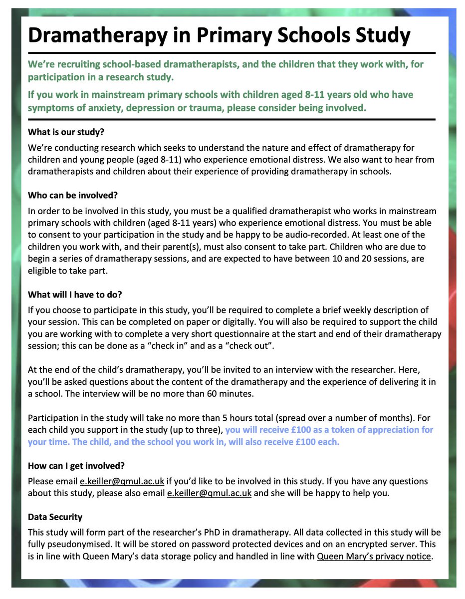 Ellie Keiller (@elliekeiller) on Twitter photo Are you a #dramatherapist working in mainsteam primary schools? If so, please consider being involved in our study.
There's more information in the image below and you can ask any questions to me at e.keiller@qmul.ac.uk
Please please share this with your #dramatherapy networks Are you a #dramatherapist working in mainsteam primary schools? If so, please consider being involved in our study.
There's more information in the image below and you can ask any questions to me at e.keiller@qmul.ac.uk
Please please share this with your #dramatherapy networks