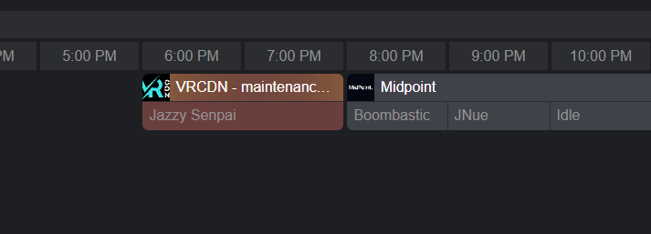 Hyped for @SenpaiJazzy's 2 hour set tonight! But seriously, check the timeline vrc.tl for your localized downtime of @vrcdn later today.
