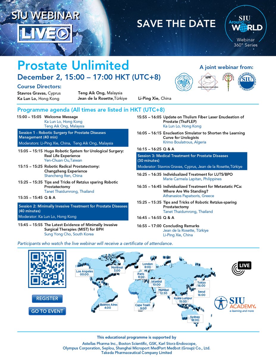 SIU_urology's tweet photo. 📣 Coming soon to #SIUAcademy, the Prostate Unlimited free webinar!  Register for this live event today and join us on December 2 at 15:00 HKT (UTC+8) 

🔗:https://t.co/AIzgKQnVsR x

@teng_ong @LoKaLun1 @tncclinic @kmoretry https://t.co/z7RVAHG8mX