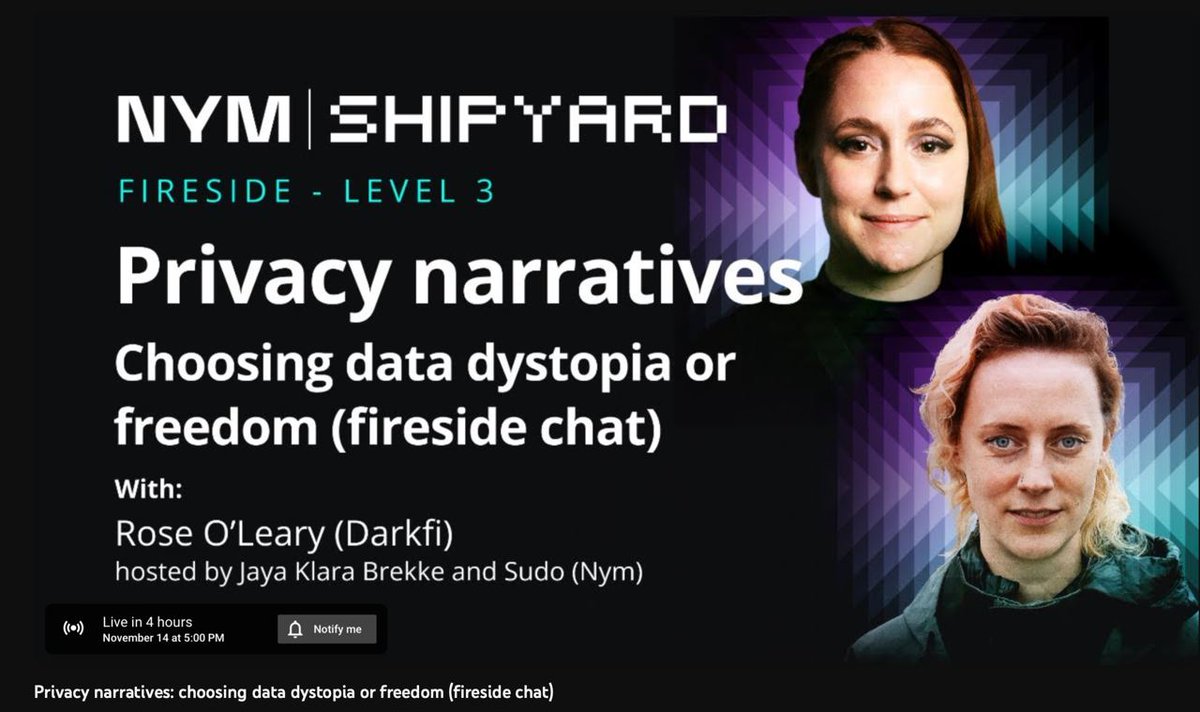 Ich hoffe, Sie konnten sich am Wochenende erholen. Lassen Sie uns die #NymShipyard weiter erkunden!

Heute um 16:00 Uhr MEZ

Rose O'Leary - Datenschutz-Erzählungen: Zwischen Daten-Dystopie und Freiheit wählen (Kamingespräch)

Beginnt in Kürze!👇👇👇
youtube.com/watch?v=yKSif0…