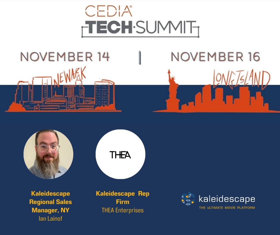 kaleidescape's tweet photo. Visit Kaleidescape at the @CEDIA Tech Summits this week on the East Coast! NY Regional Sales Manager Ian Lainof & rep firm THEA Enterprises will be in New Jersey today and in New York on 11/16. Stop by and see us!
https://t.co/YbUquH1a0S
#avtweeps #kaleidescape #CEDIAtechsummit https://t.co/RWEPI9xpbh