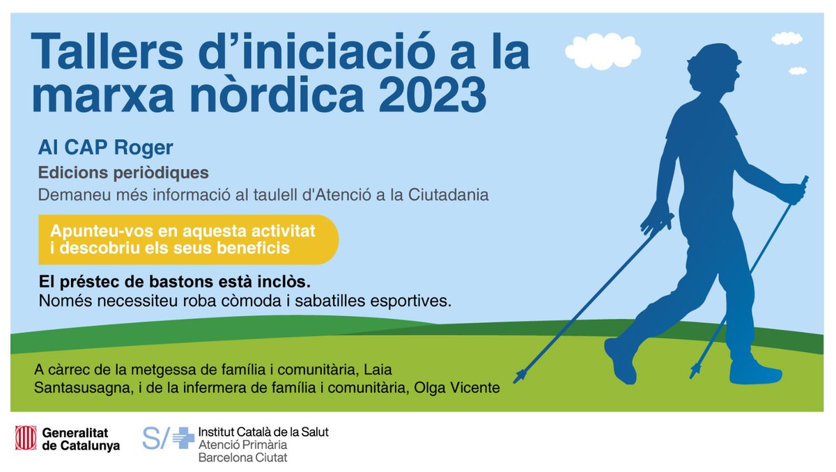 primariaicscat's tweet photo. El #CAPRoger comença la 4a edició dels tallers d'iniciació a la marxa nòrdica, una activitat amb beneficis fins i tot superiors a d'altres com caminar o córrer
Els bastons estan inclosos, només necessites roba còmoda i ganes de participar-hi
Pregunta dates i horaris al CAP https://t.co/QOJN9CUMDr