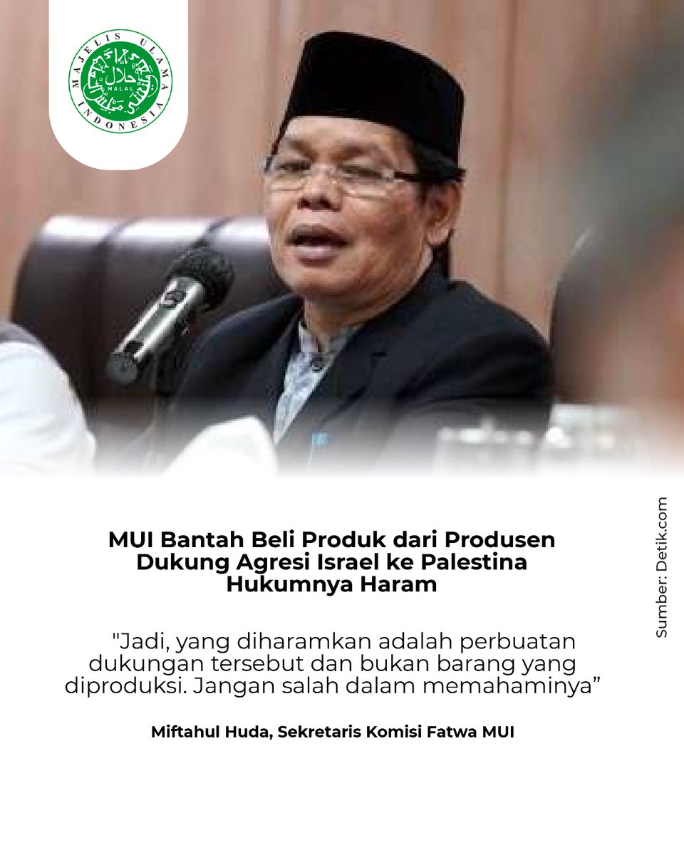 indozonemedia's tweet image. FAKTA! MUI, Muhammadiyah dan PBNU sepakat produk yang bersertifikasi halal aman dikonsumsi.

Diplomasi dan donasi lebih dibutuhkan PALESTINA, Bukan Boikot!

Sekretaris Komisi Fatwa MUI Miftahul Huda tegaskan yang haram itu perbuatan nyata dukungan agresi, bukan barangnya.