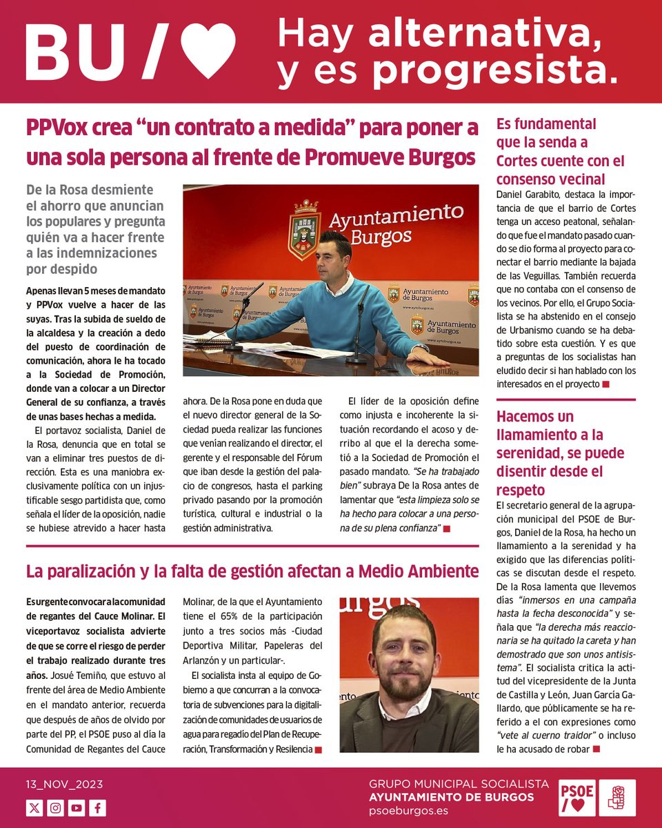 PSOEBurgosLocal's tweet photo. 📍Si quieres estar informado de la actualidad municipal aquí tienes nuestro boletín

❌PPVOX crean "un contrato a medida" para poner a una sola persona al frente de Promueve

❌Denunciamos la paralización y falta de gestión en Medio Ambiente

➡️https://t.co/bhOcGTis3R https://t.co/uhNbbr0F9C