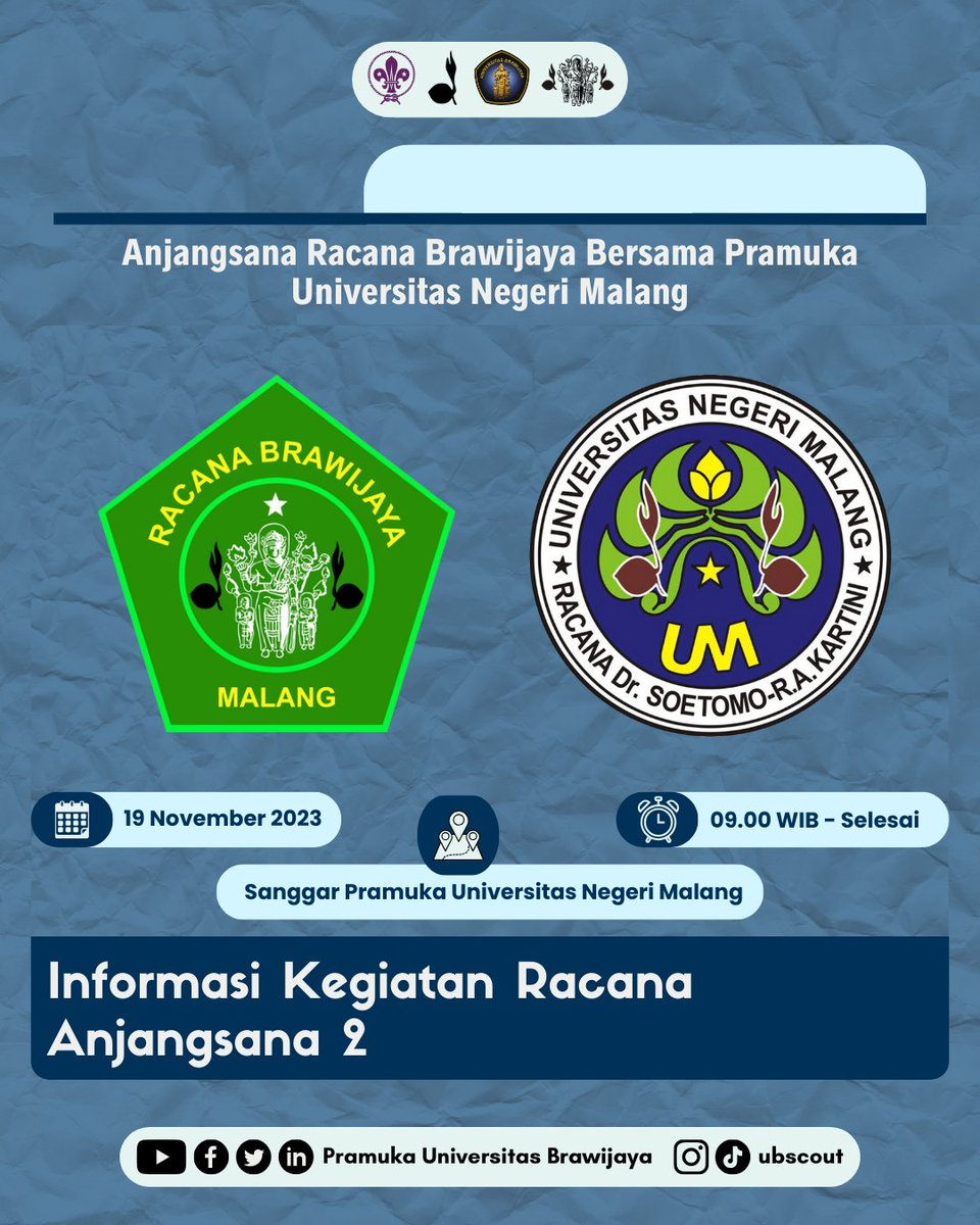 [ ANJANGSANA RACANA BRAWIJAYA BERSAMA PRAMUKA UNIVERSITAS NEGERI MALANG ]

Kegiatan Anjangsana Racana Brawijaya Bersama Pramuka Universitas Negeri Malang dilaksanakan pada:

📅 : Minggu, 19 November 2023
⏰ : 09.00-10.30 WIB 
📍 : Sanggar Pramuka Universitas Negeri Malang