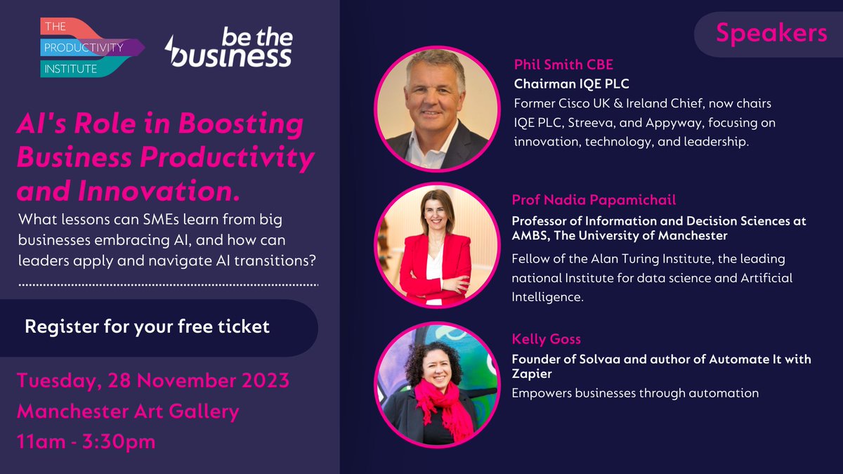 Is AI the game changer for business productivity? Hosted with <a href="/TPIProductivity/">The Productivity Institute</a>. Join us! Free ticket: beyondthehype.events First line of speakers announced below! #manchester #manchesterevent #SMEs #NorthWest