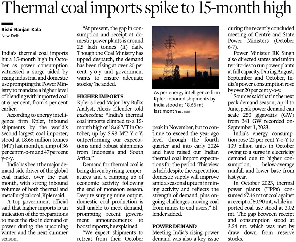 Rising #powerdemand pushes October #thermalcoal imports to 15-month high in #India. Gap in receipt & usage 4 Apr-Oct has hit 14 Mn Tons, which was met with reserve stocks. @Kpler data shows @businessline