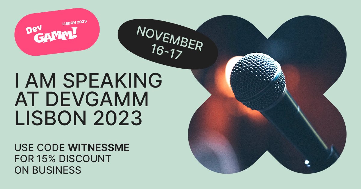 Excited to announce that I'll be doing a talk at <a href="/DevGAMM/">DevGAMM</a> in Lisbon this coming Thursday!!
The conference is full of amazing and talented people so it's a privilege to be joining as a speaker 🥰