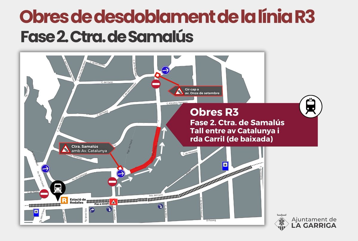 ajlagarriga's tweet photo. 📢 Adif informa que ha tallat la ctra de Samalús  per baixar d'av. Catalunya a rda del Carril de #laGarriga. 

➡️Aquest tram només es podrà utilitzar de pujada (des de rda Carril a Onze de setembre) https://t.co/aA5WjKgvNj