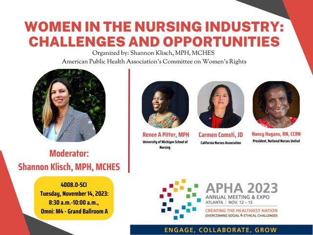 Join our Committee on Women’s Rights for an engaging discussion about how gender and race impact the working environment for nurses. What are the barriers to entry and advancement? #APHA2023 @APHAAnnualMtg #Publichealth #Nursing #WomensHealth