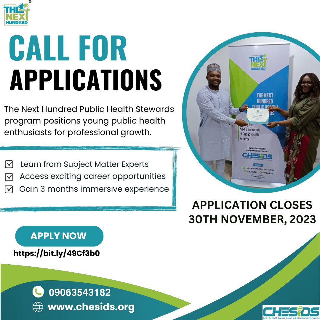 The Next Hundred Public Health Stewards Program is currently open for applications! 🥳🥳
Use the bit.ly link below to register
bit.ly/49Cf3b0
Application closes on the 30th of November, 2023.