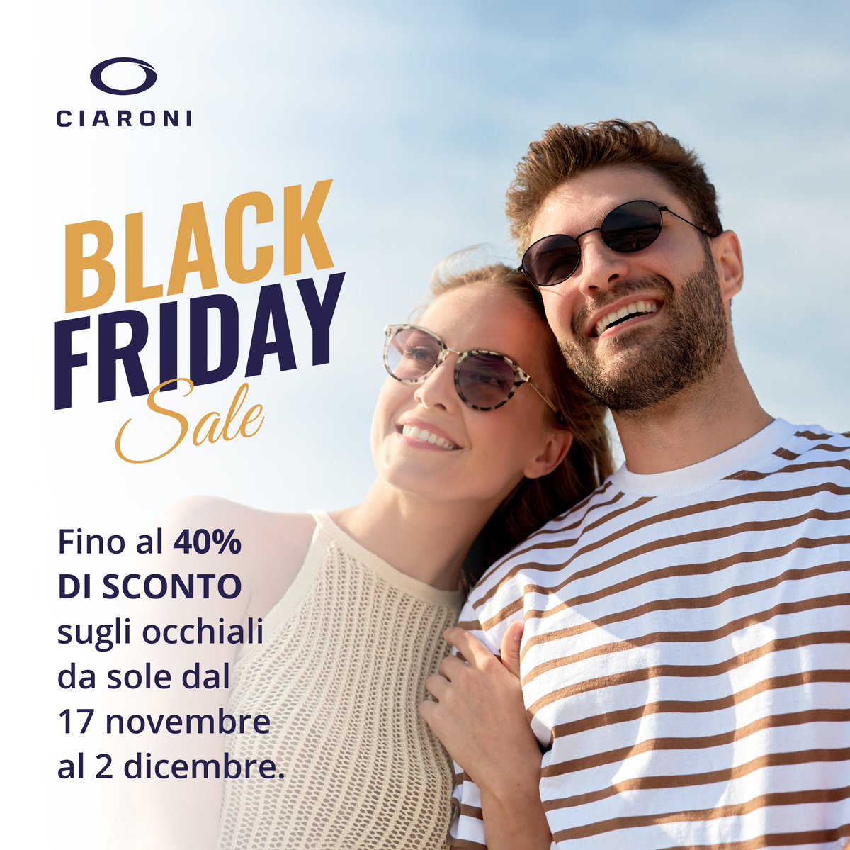 📢 Il #BlackFriday è finalmente qui!  Oggi è il giorno in cui puoi concederti il massimo del glamour approfittando di imperdibili sconti fino al 40% su tutti gli occhiali da sole.   #OtticaCiaroni #WePesar