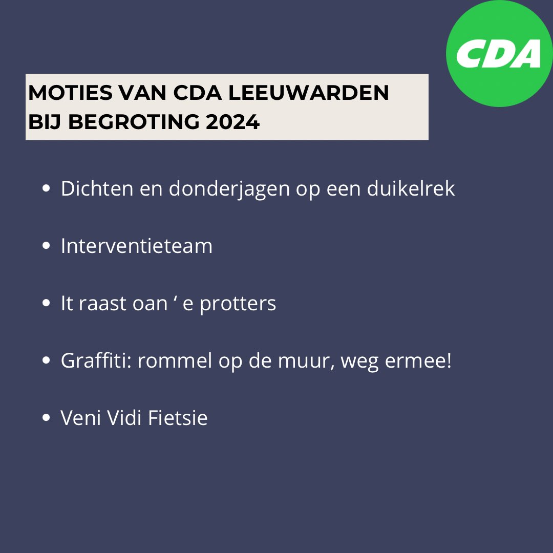 Afgelopen maandag werd de begroting 2024 van gemeente Leeuwarden behandeld in de raad. Wij dienden vijf moties in. We haalden een flinke meerderheid en soms zelfs unanieme steun. Lees meer op onze website 👉 cda.nl/fryslan/leeuwa…