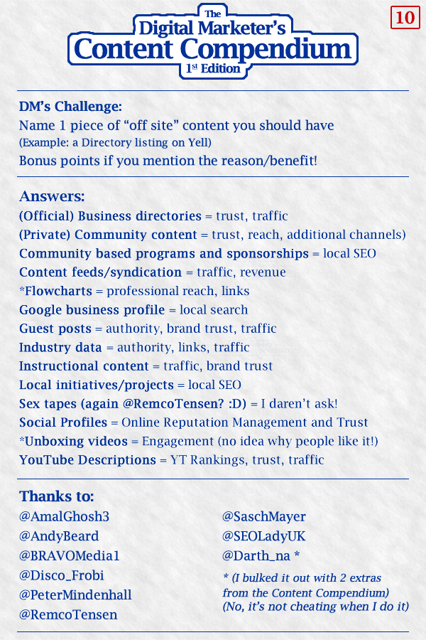 darth_na's tweet photo. .
:: 14 ideas for Off Site content! ::
(Sorry it's late!)
The 10th #ContentCompendium challenge
asked for 3rd party content businesses should invest in,
and why.
#ContentMarketing #DigitalMarketing #SEO
(apologies, Image Alt is in 2 parts - see next tweet) https://t.co/qsI6qhsRQV
