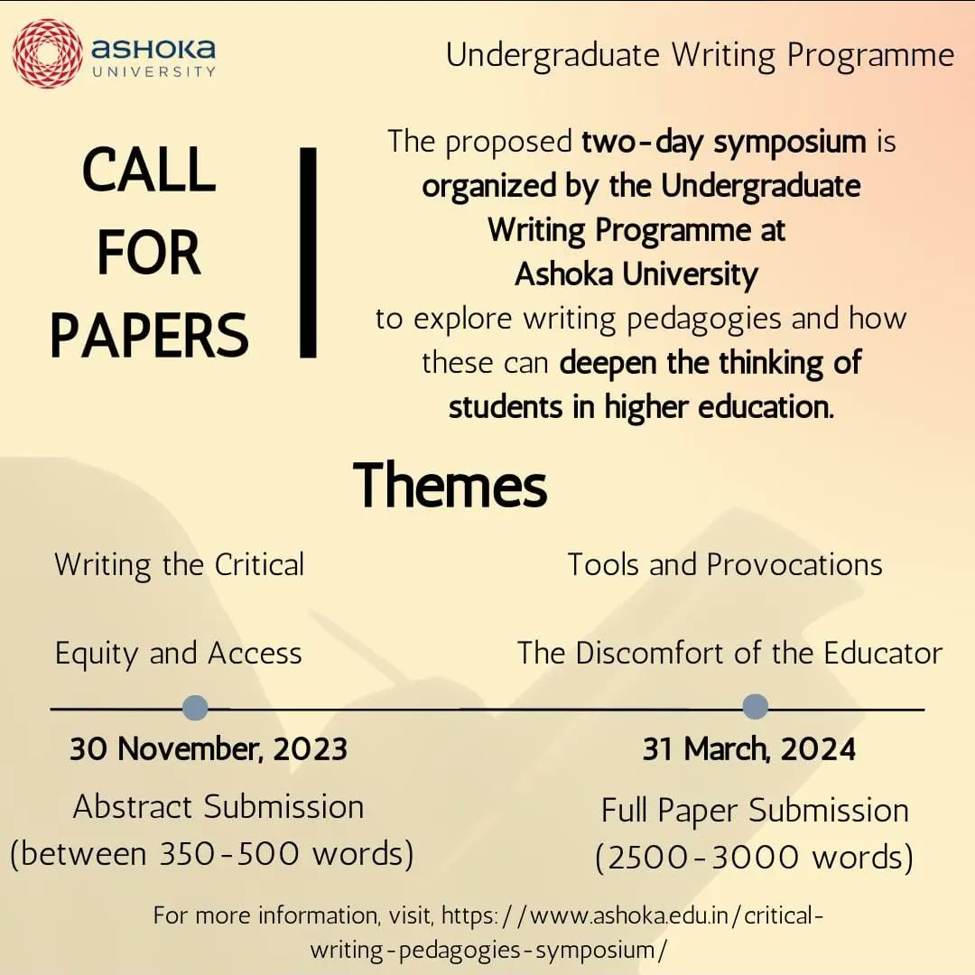 arpitayodapress's tweet photo. As part of the #UndergraduateWritingProgramme at @AshokaUniv, I am thrilled to share this #CallforPapers for our very first Critical Writing Pedagogies Symposium! https://t.co/r1GAcUH08n