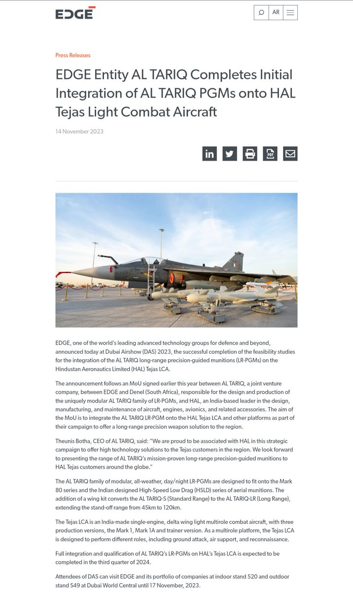 alpha_defense's tweet photo. EDGE Entity #ALTARIQ Completes Initial Integration of AL TARIQ PGMs onto Hindustan Aeronautics Limited Tejas Light Combat Aircraft. https://t.co/7fOg38ks8f