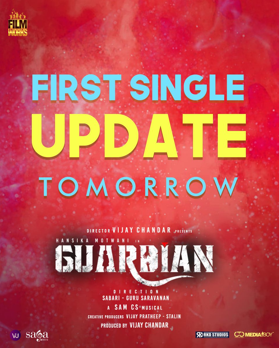 First Single update will be made tomorrow. #Guardian starring @ihansika. Music by @SamCSmusic @vijayfilmaker @FilmWorksOffl @gurusaravanan @sabari_gireesn @shakthi_dop @artilayaraja @thiyaguedit @ActorSriman @Gopaljames1 @sureshmenonnew @thangadurai123 @SumeetSinghM