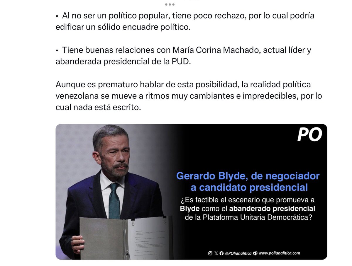 La cuenta <a href="/polianalitica/">𝙋𝙤𝙡𝙞𝙖𝙣𝙖𝙡𝙞𝙩𝙞𝙘𝙖</a> hizo un largo tuit de apología a <a href="/GerardoBlyde/">Gerardo Blyde</a> promocionándolo como candidato ya que la jerarquía chavista no quiere a <a href="/MariaCorinaYA/">María Corina Machado</a>  para la presidencia.
La respuesta fue brutal y Polianalitica borró el tuit. 
Para quien no lo leyó ahí se los coloco.